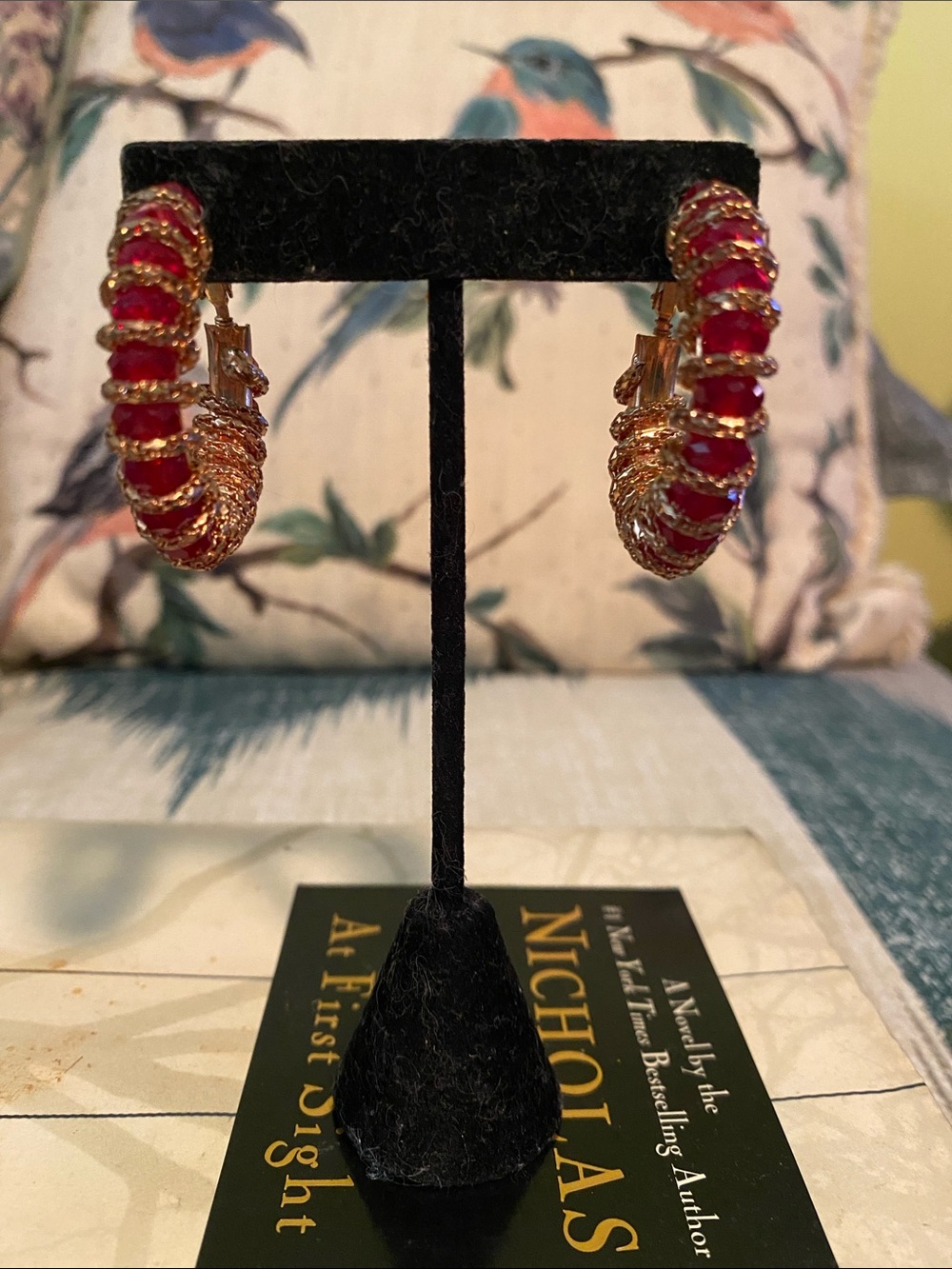 Gold-Tone Hoop Earrings with Red Gem Accents - Women Jewelry